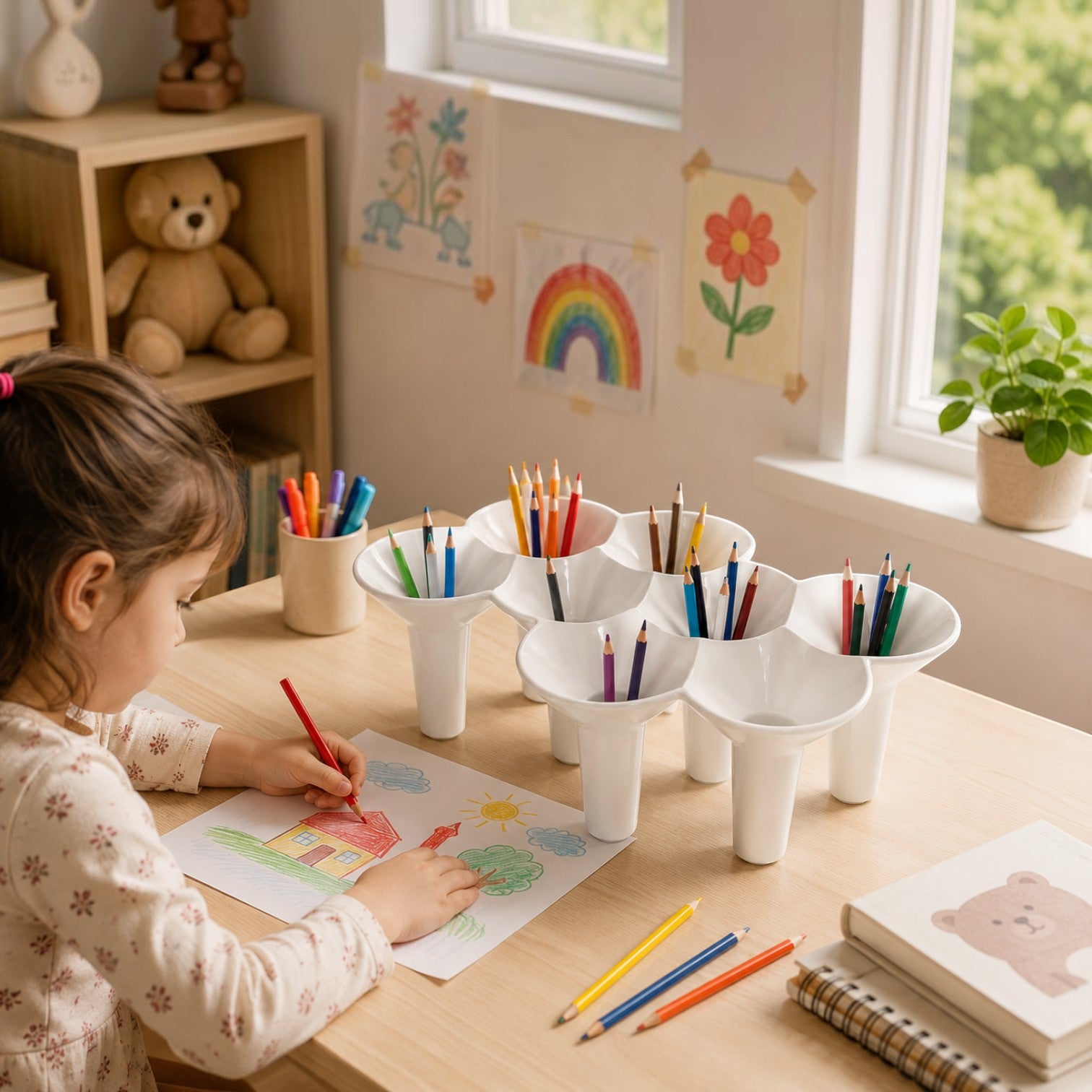 Addo Shop white ceramic multi-compartment organizer holding colored pencils and pens on a wooden table.
