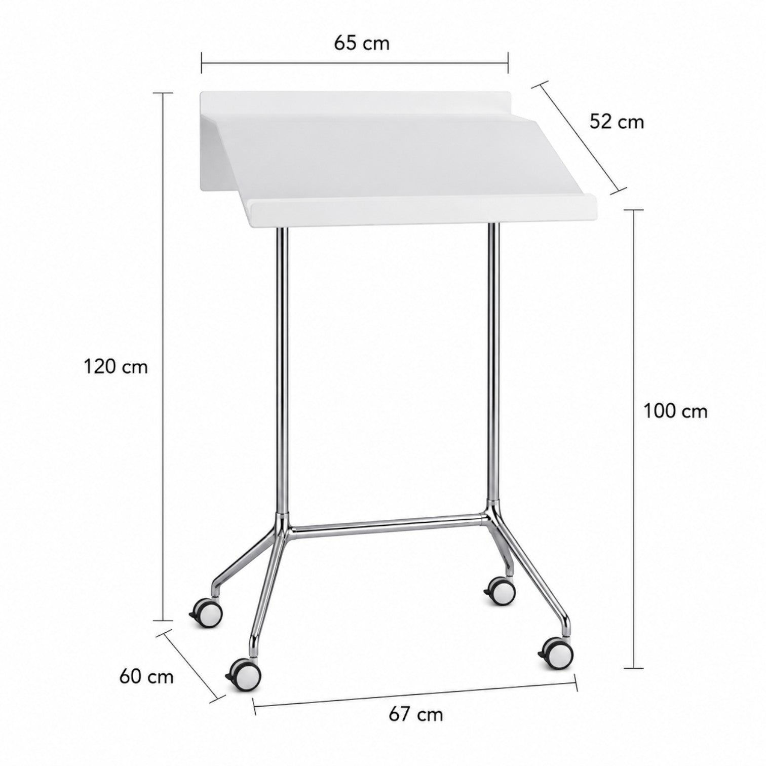 Addo Shop white lectern with polished aluminium and chrome-plated steel base on wheels. Dimensions: 120cm H x 65cm W x 52cm D.