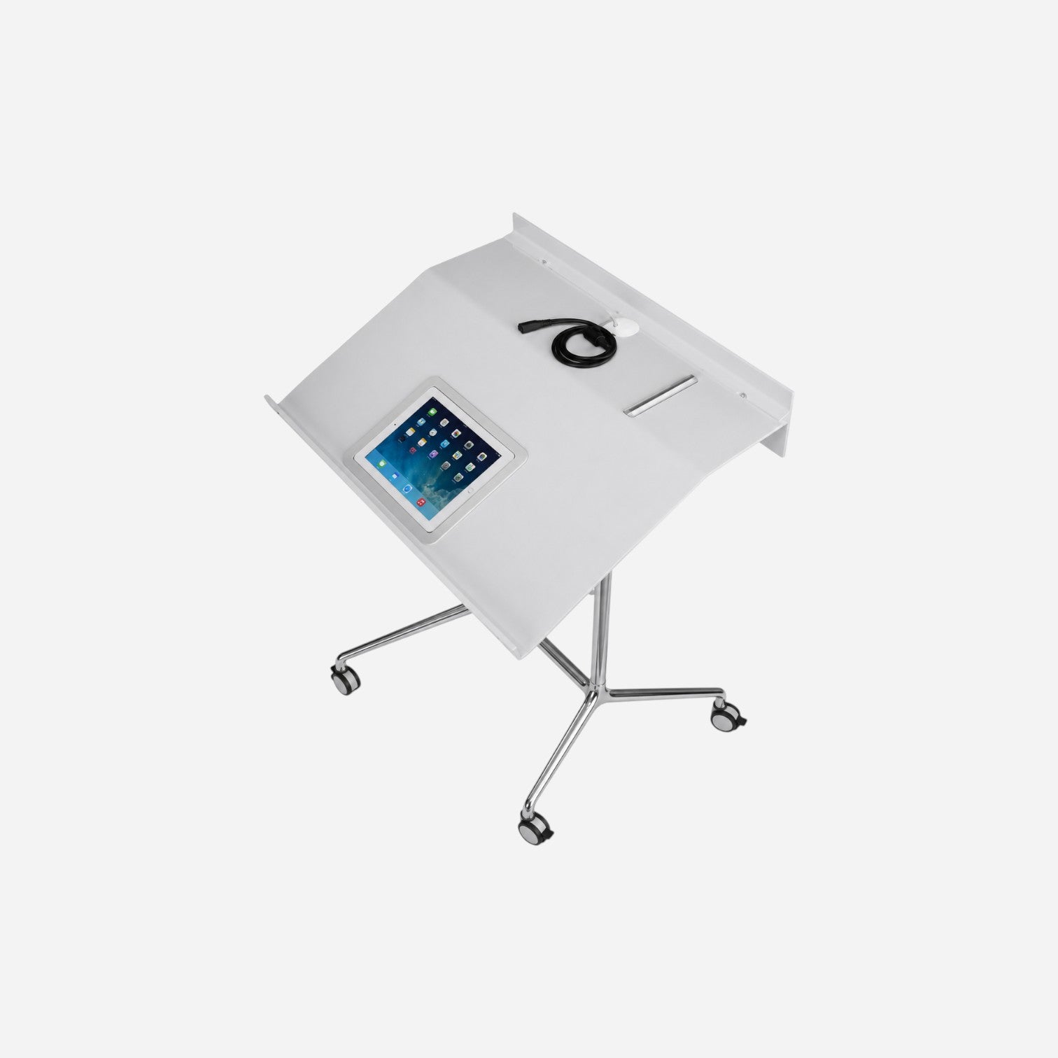 Addo Shop white lectern with integrated tablet holder, polished aluminium and chrome steel base with wheels.