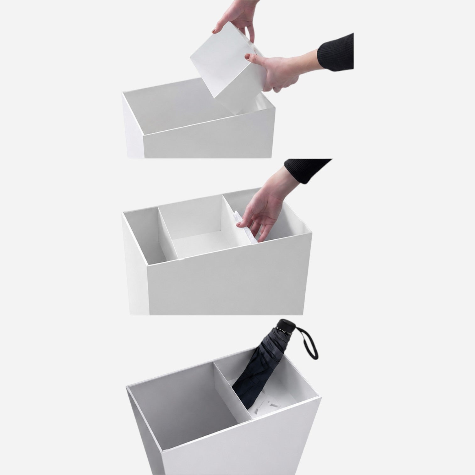 Addo Shop white modern umbrella stand with integrated waste bin, showing assembly and use.