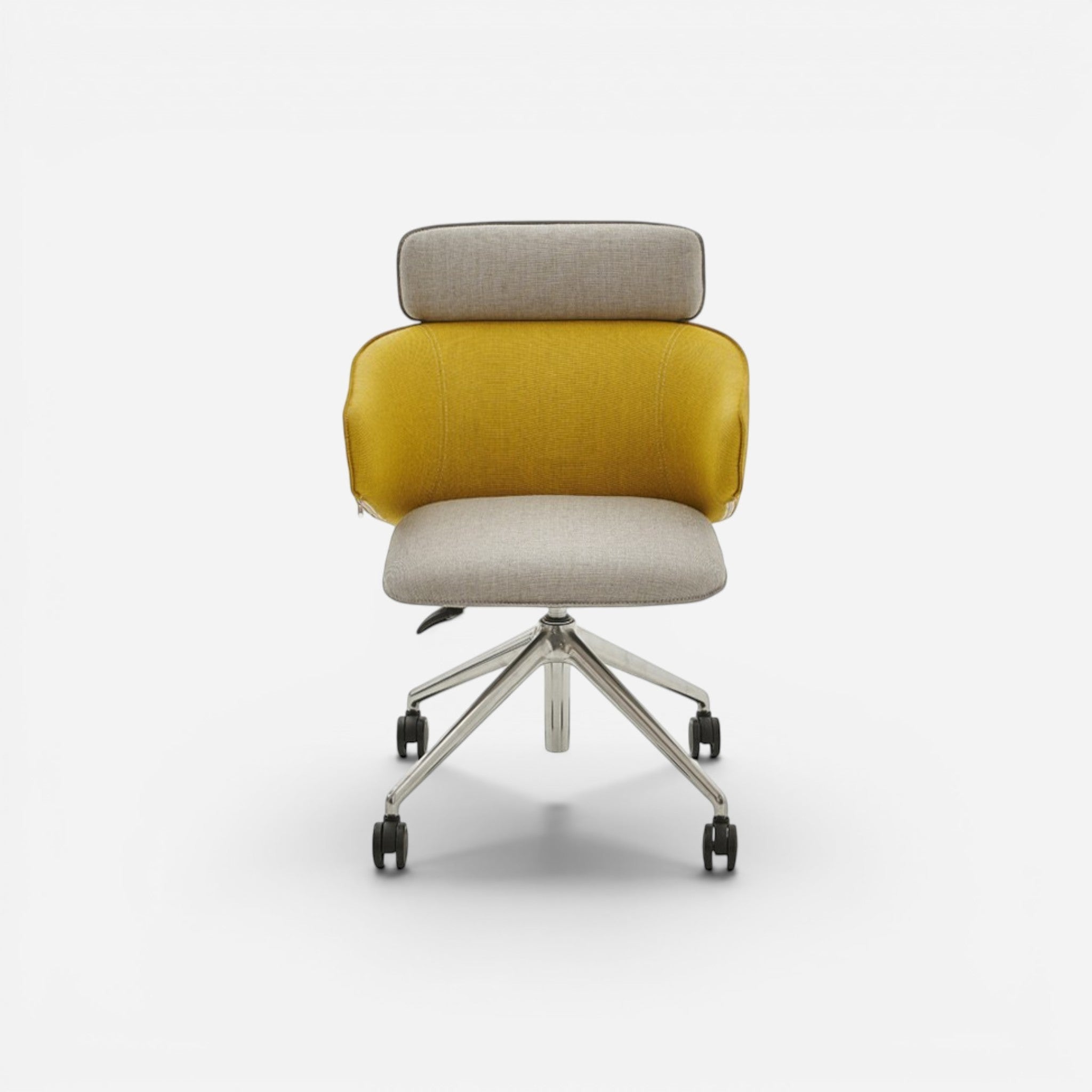 Addo Shop Wing High office chair with yellow fabric seat and grey fabric backrest and headrest, on aluminum base with wheels.