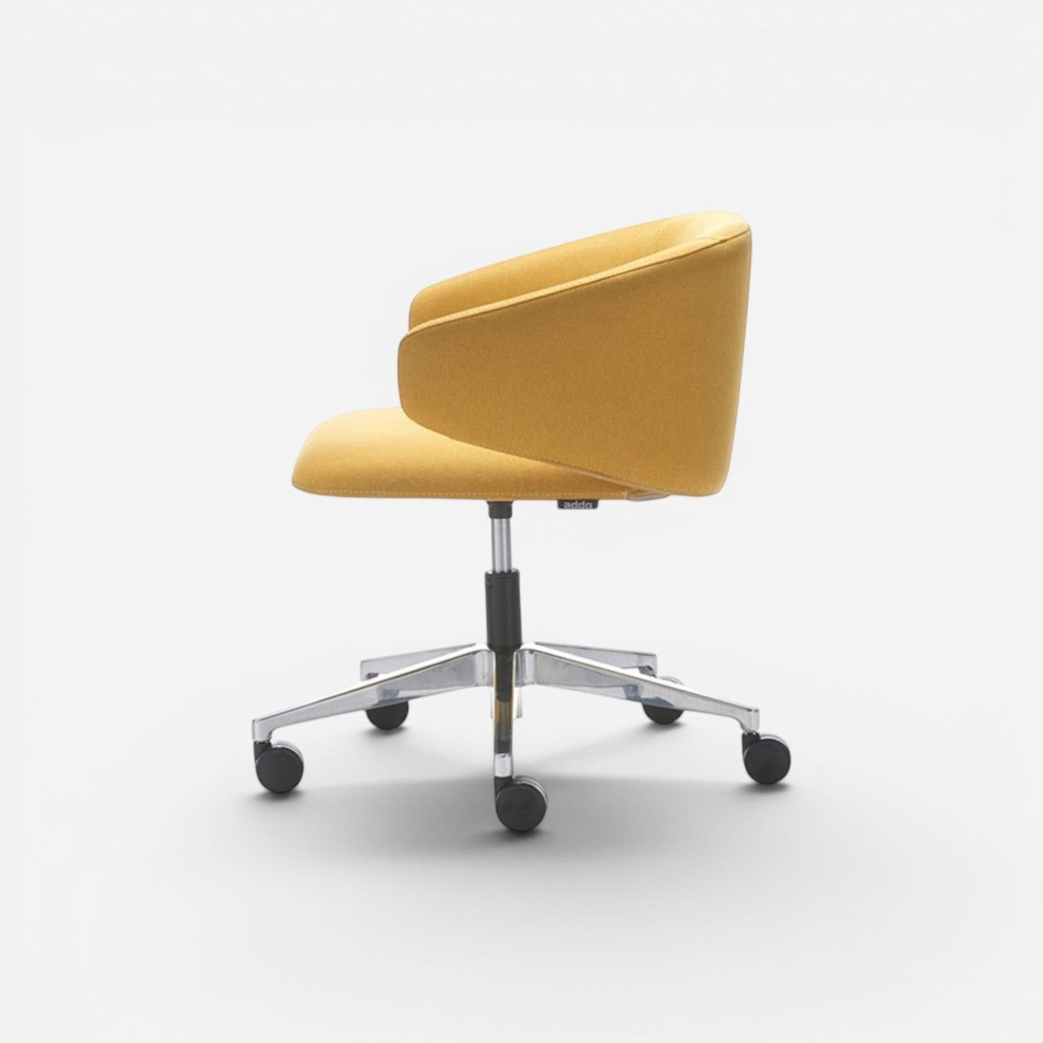 Addo Shop Wing Low office chair in mustard yellow fabric with aluminum base and wheels.
