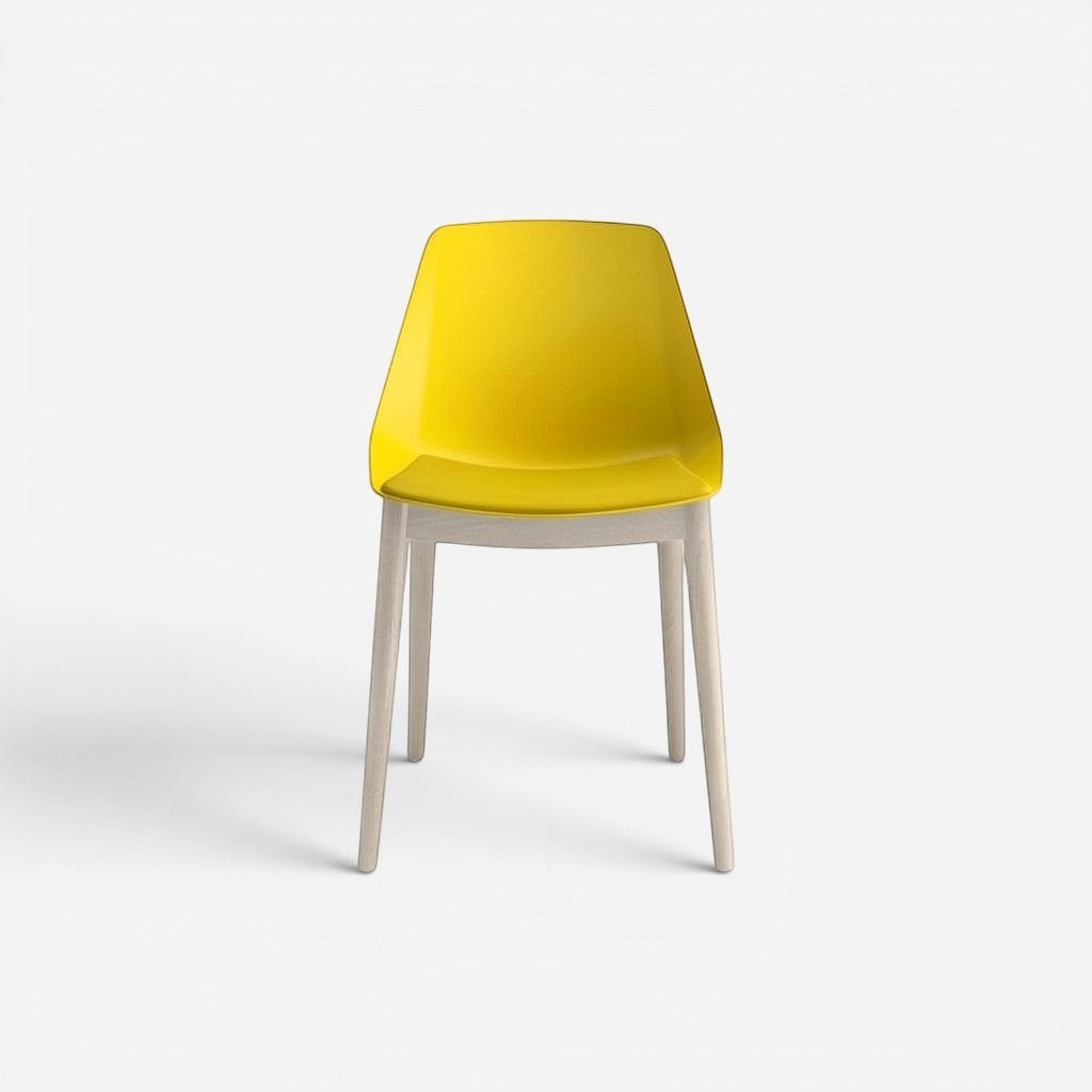 Addo Shop yellow molded plastic seat and back dining chair with light wood legs