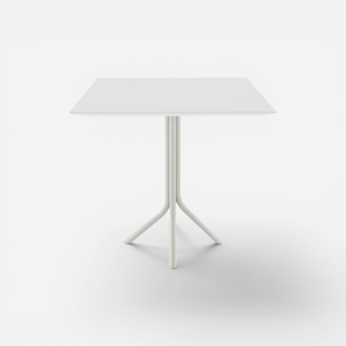 Bob yemek masası kare 70x70 laminat varyantı, beyaz laminat kare tabla ve açık gri metal üç kollu ayak, önden görünüm