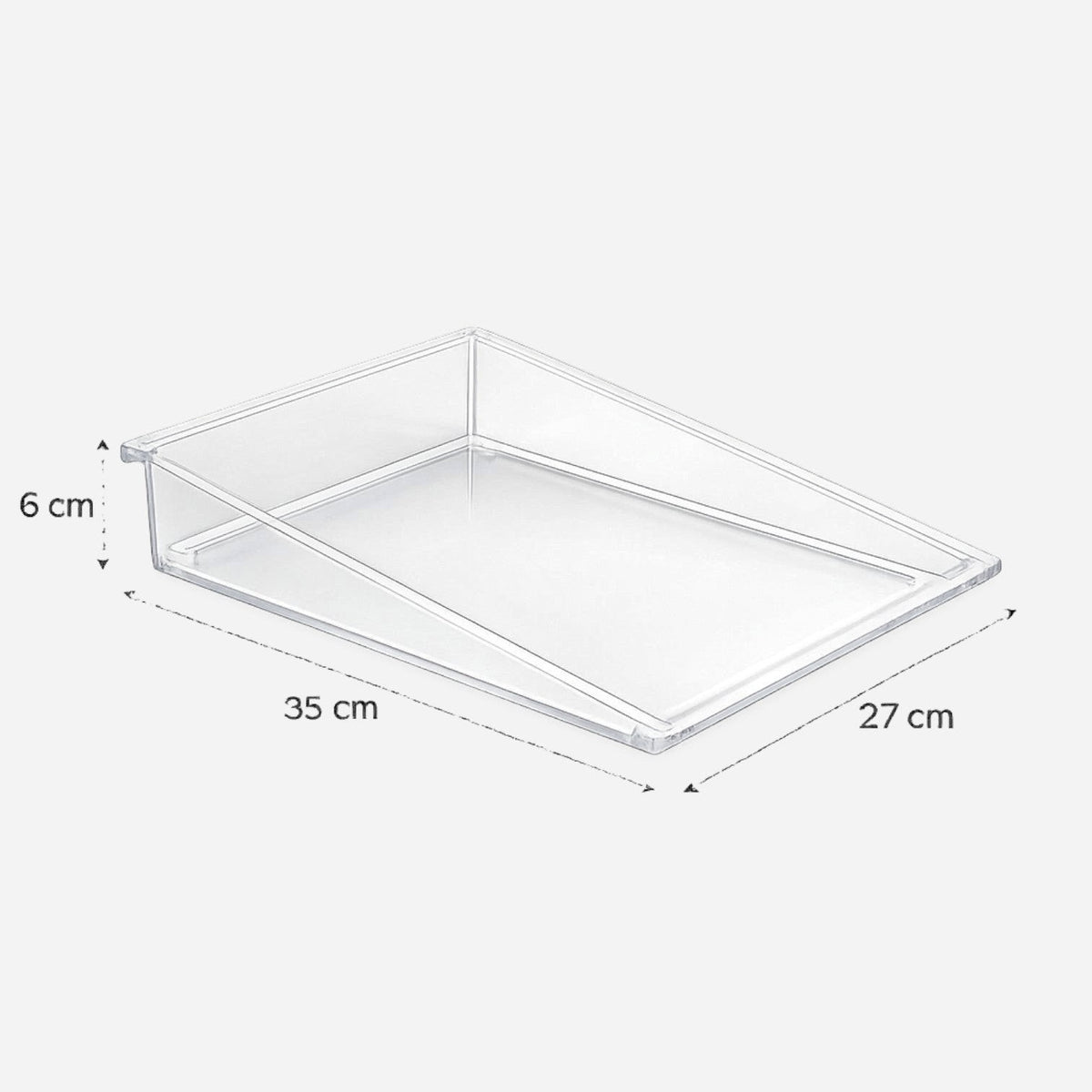 Caimi Desk-Up yatay evrak tepsisi ölçü çizimi, şeffaf tepsi 35 x 27 cm taban ve 6 cm yükseklik değerleriyle