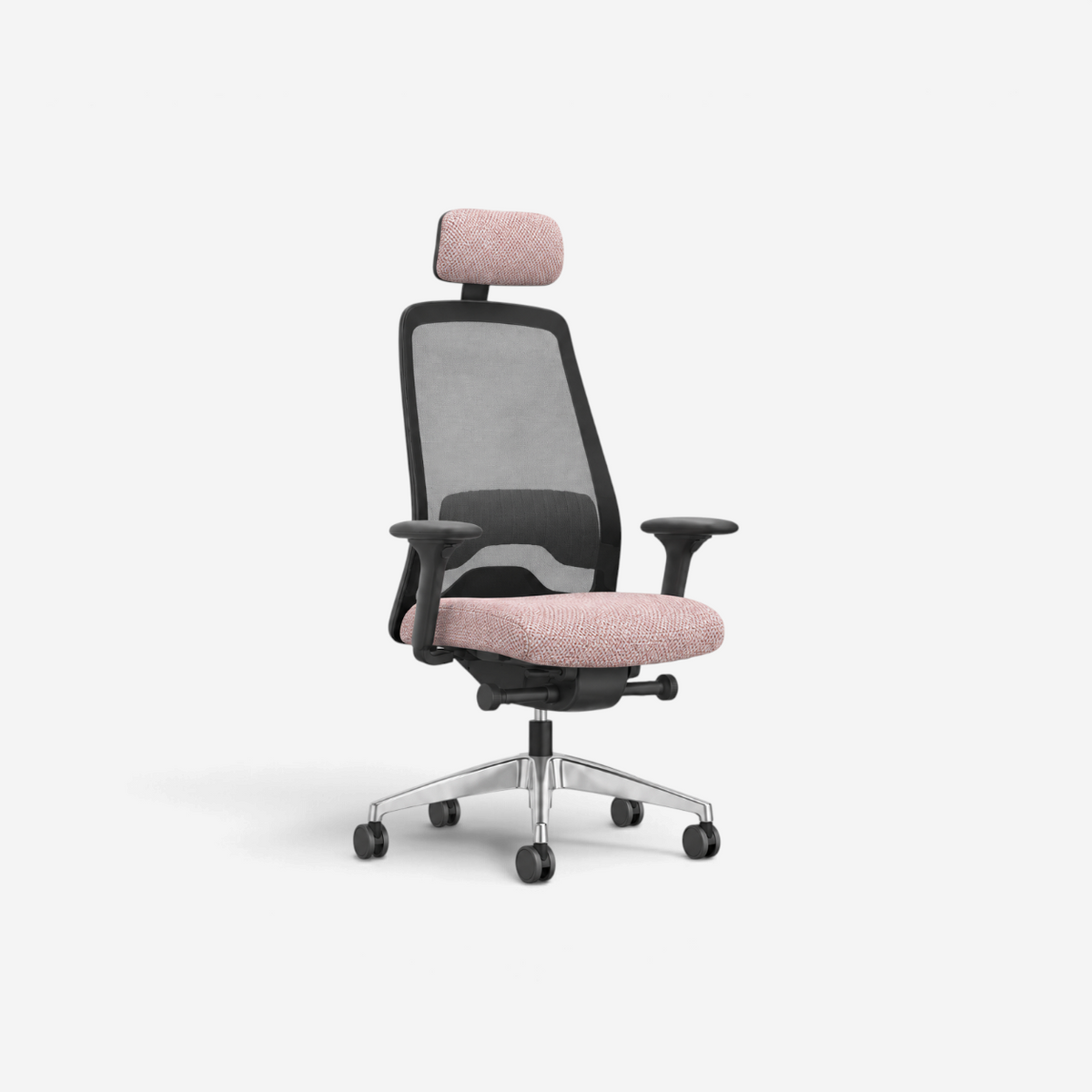 Addo Shop Every ergonomic office chair with pink fabric seat, headrest, black mesh back, and polished aluminum base.