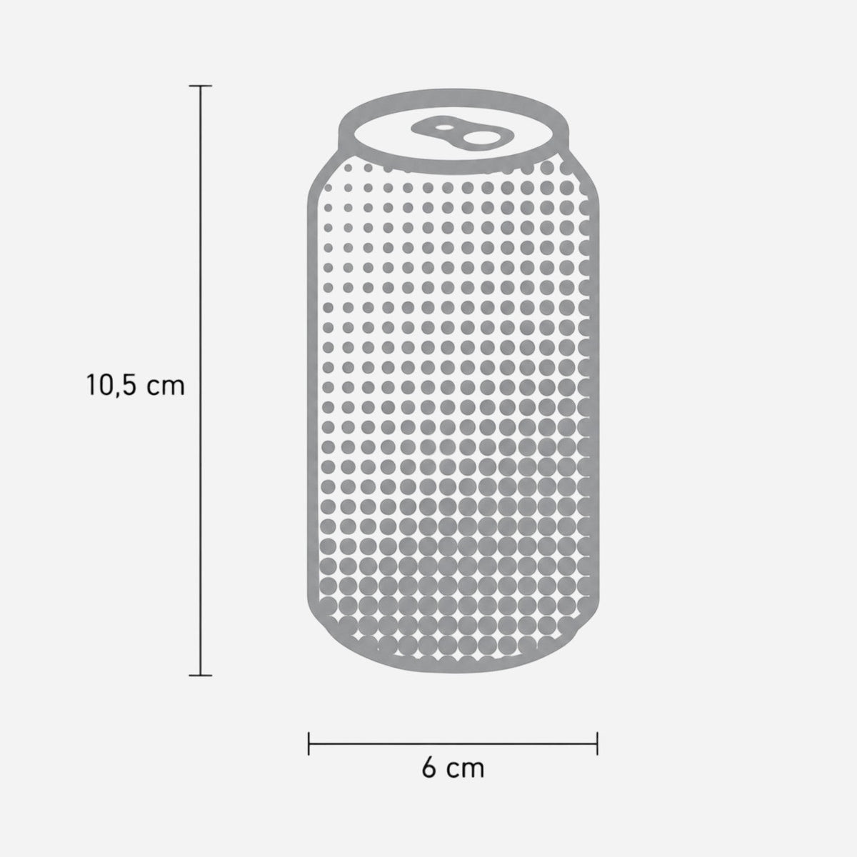 Caimi Graphics etiket seti kutu ve teneke etiketi ölçü çizimi, gri noktalı içecek kutusu 10,5 cm yükseklik, 6 cm genişlik