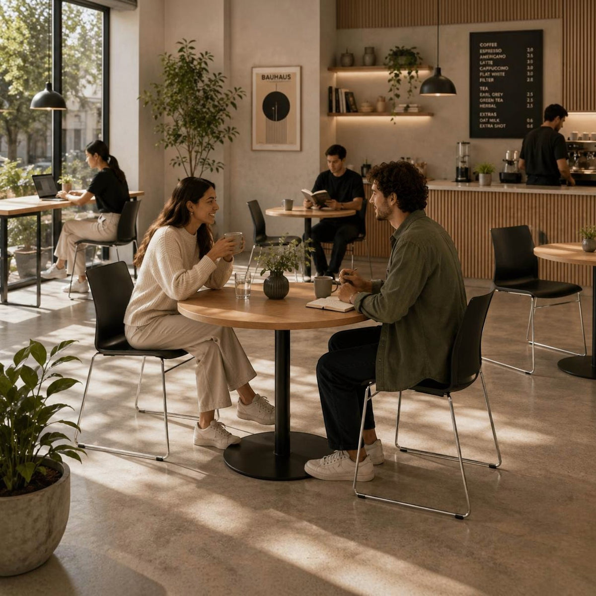 Incontro ziyaretçi koltuğu, siyah plastik kabuklu, krom kızak ayaklı, kafede yuvarlak ahşap masalar etrafında