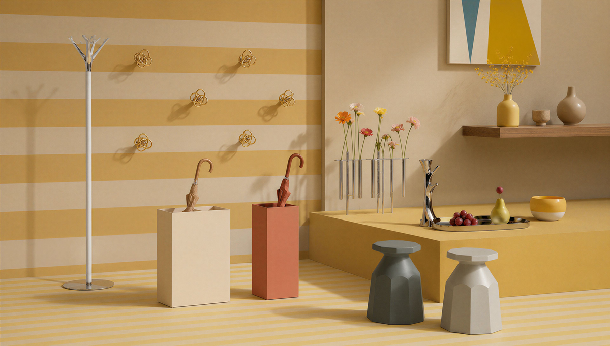 Caimi Battista Color askılık, Alfa duvar kancaları, Design Collection şemsiyelikler ve Rerecycled tabureler sarı çizgili duvarlı bir sahnede