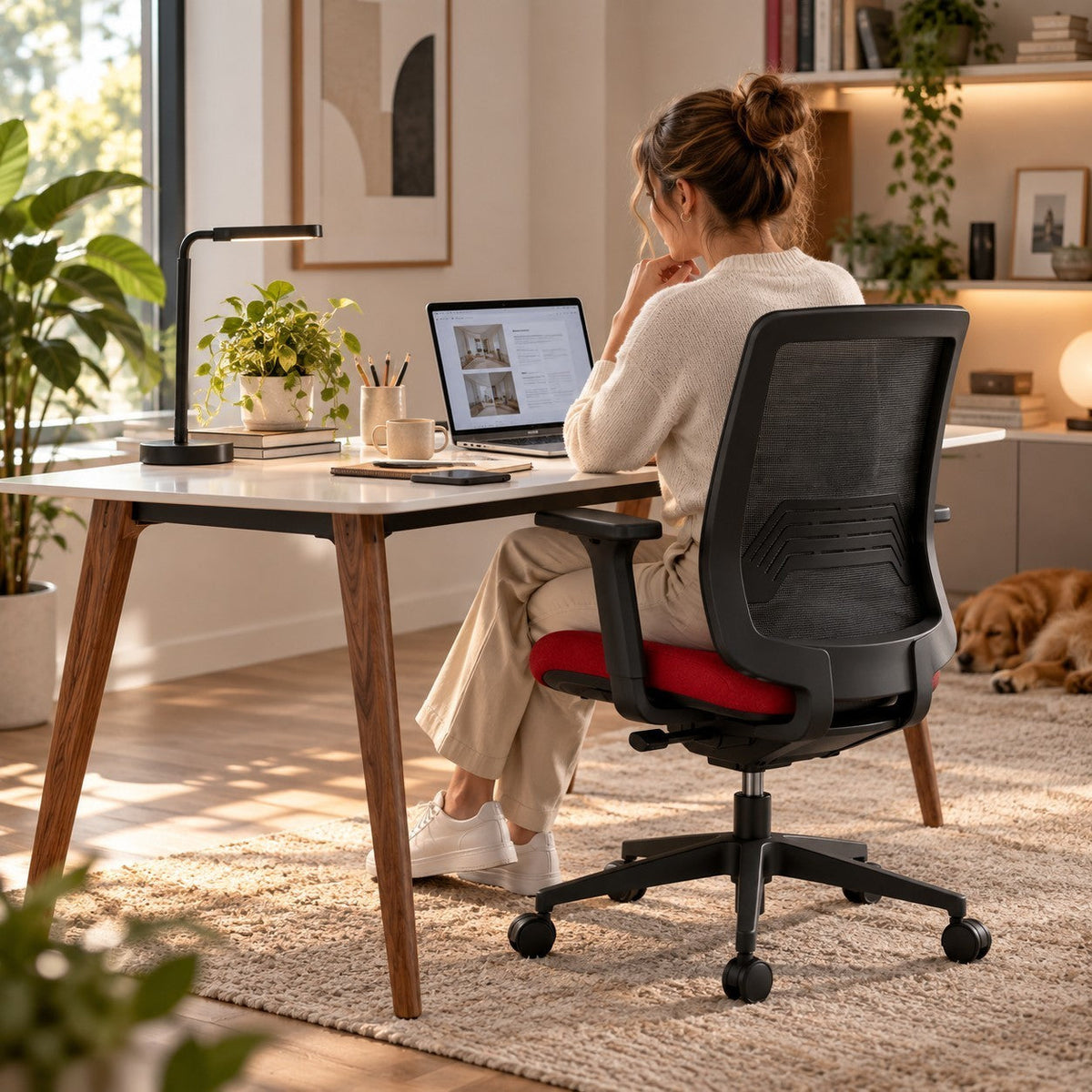 O-Live ve HUB W çalışma seti, kırmızı oturaklı O-Live koltuk ve ceviz ayaklı HUB W masada çalışan kadın, köpekli ev ofisinde