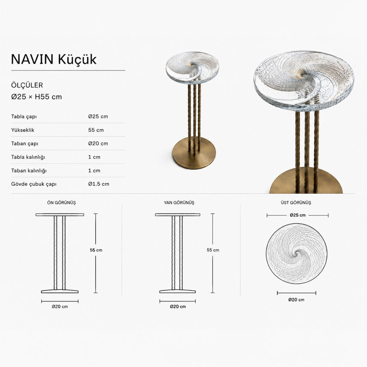 NAVIN Küçük sehpa ölçü çizimi, 25 cm tabla çapı ve 55 cm yükseklik, ön, yan ve üst görünüş