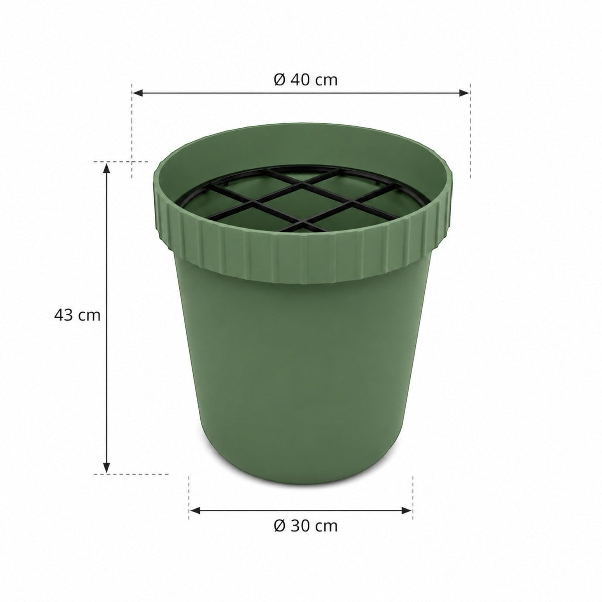 Caimi Raffles System şemsiyelik ölçü çizimi, 43 cm yükseklik, 40 cm üst çap ve 30 cm taban çapı, yeşil