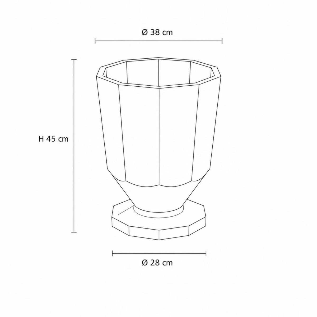 Caimi Recycled saksı teknik çizimi, 38 cm üst çap, 28 cm taban çapı ve 45 cm yükseklik ölçüleri