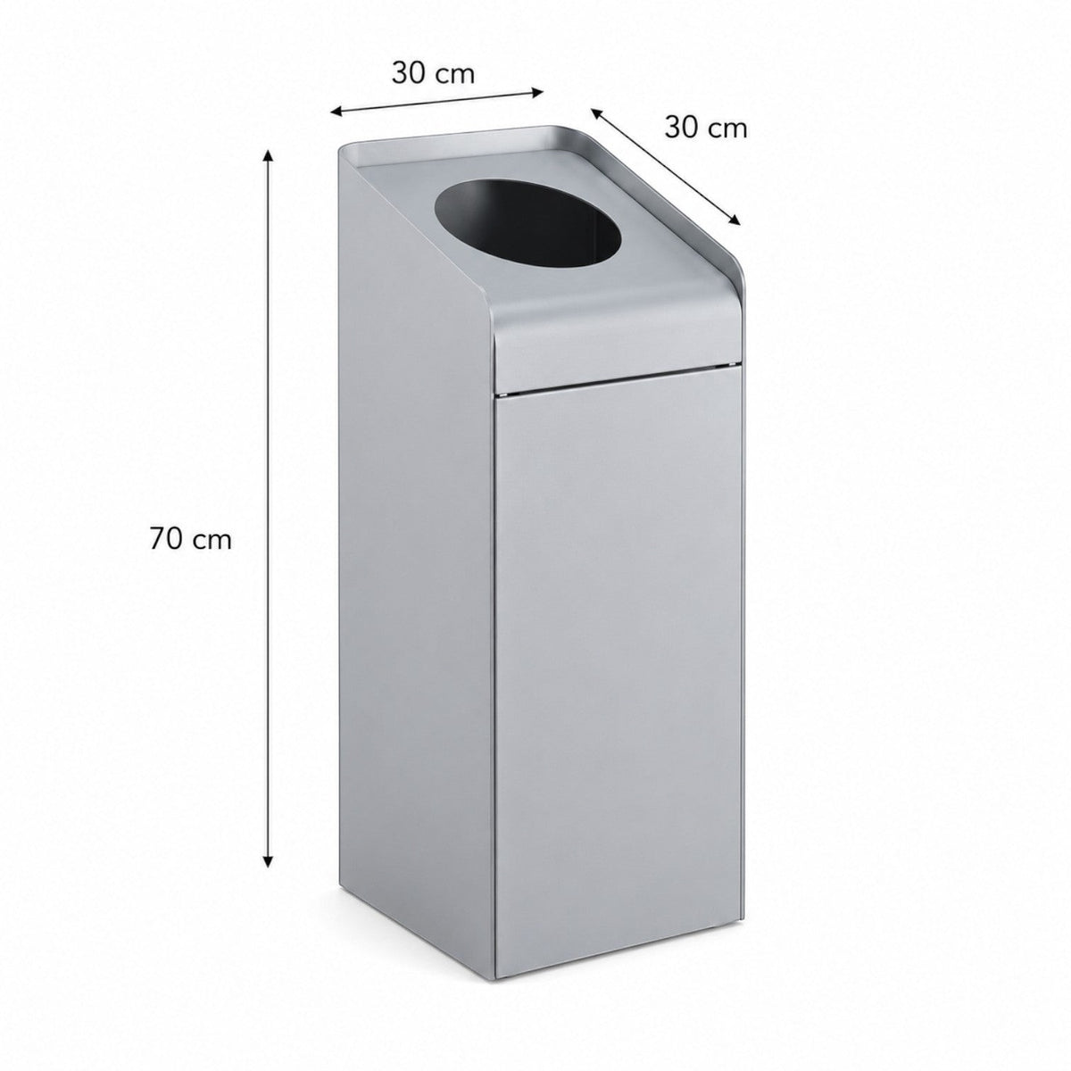 Caimi Riciclo Curve 70 L geri dönüşüm kutusu ölçü çizimi, 30x30 cm taban ve 70 cm yükseklik, eğimli üst kapak