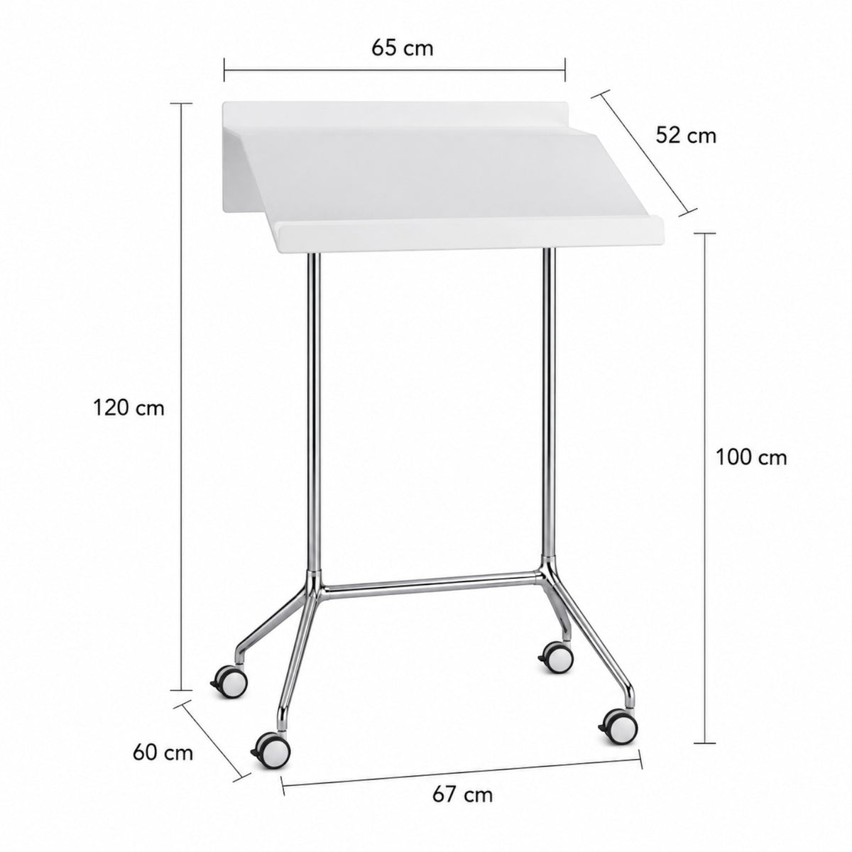 Caimi Speech hareketli kürsü ölçü çizimi, 120 cm yükseklik, 65 cm genişlik ve 52 cm derinlik değerleri