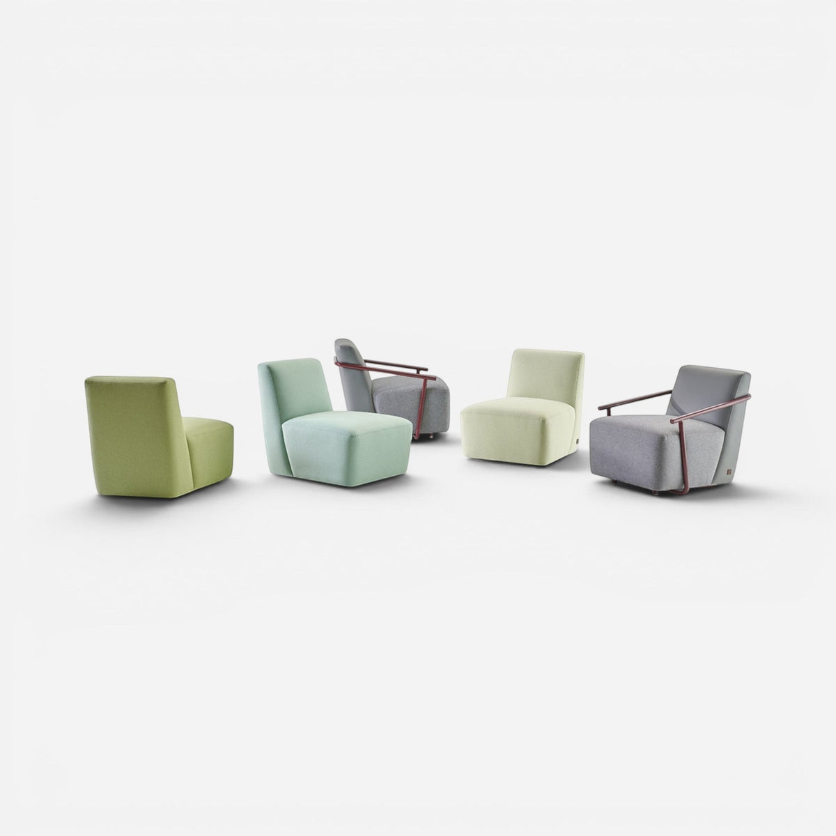 Talos lounge koltuk, yeşil ve mint kumaş modüller ile bordo metal kolçaklı gri modeller, beşli grup görünümü