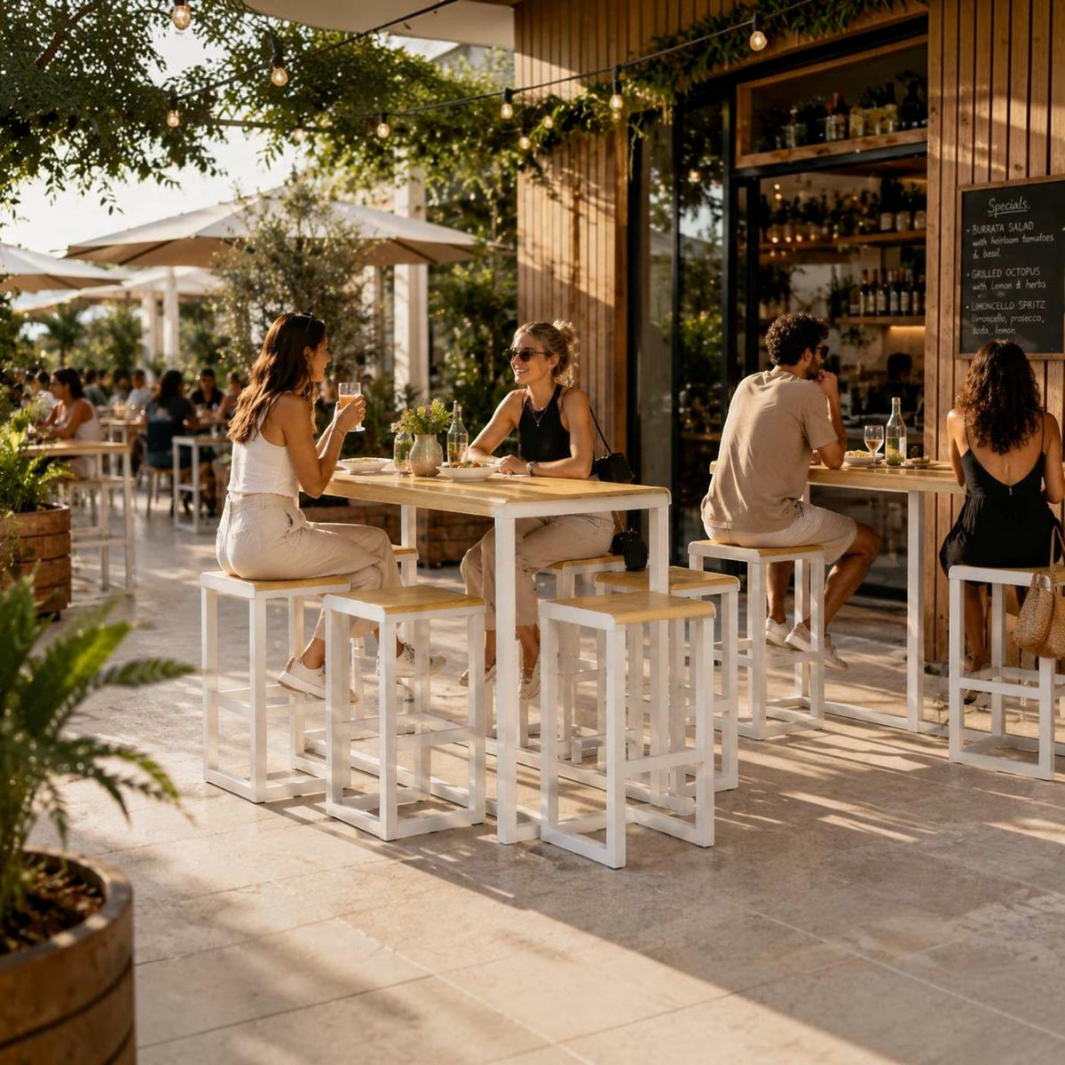 DIEMMEBI Ventiquattrore.h24 tabure, beyaz gövde ve ahşap oturak, güneşli dış mekan restoranında yüksek masalarla birlikte
