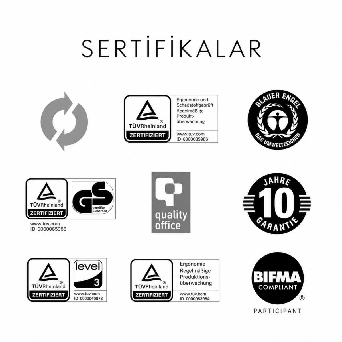 Interstuhl XXL çalışma koltuğu sertifikaları: TÜV Rheinland, Blauer Engel, Quality Office, BIFMA ve 10 yıl garanti logoları